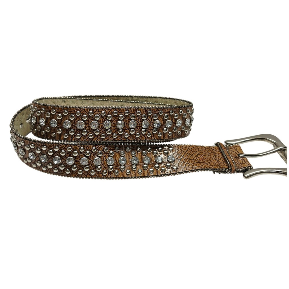 Guess Belt Womens XL Tan Brown Croc Studded Rhinestone Western Bling Buckle READ